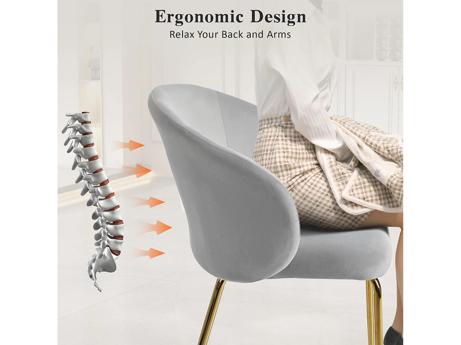 Silla de comedor de terciopelo con reposabrazos, patas de metal dorado, diseño moderno, gris, juego de 4