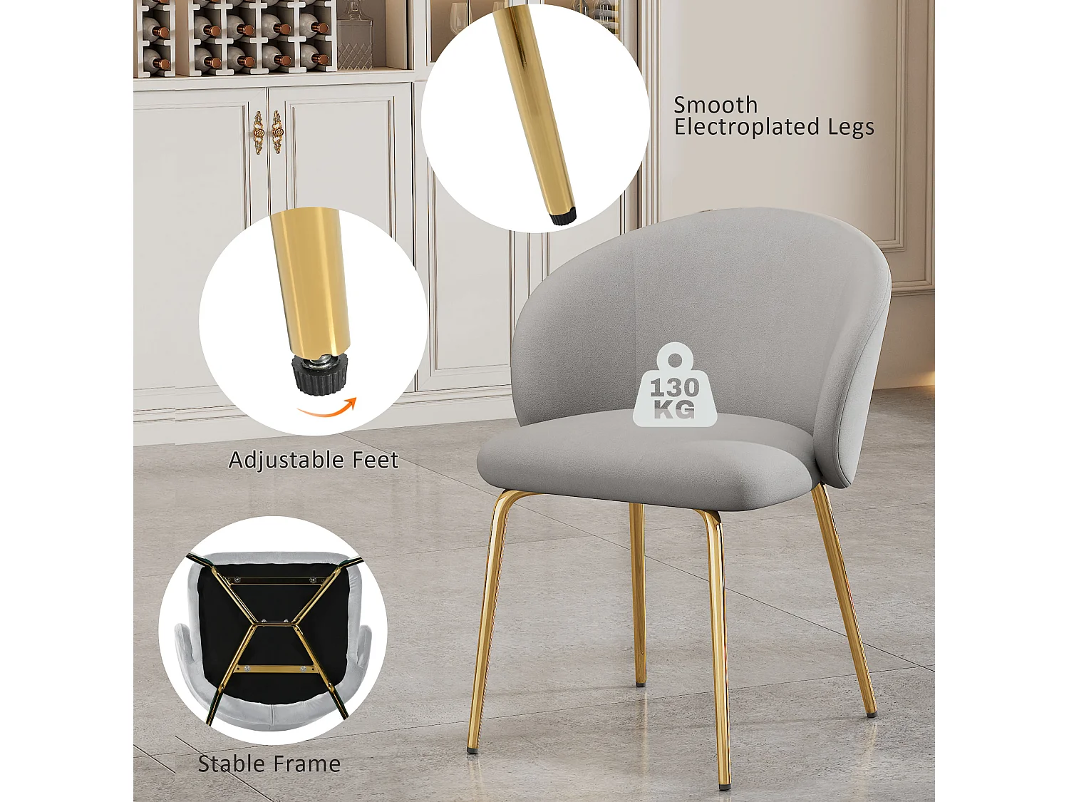 Silla de comedor de terciopelo con reposabrazos, patas de metal dorado, diseño moderno, gris, juego de 4