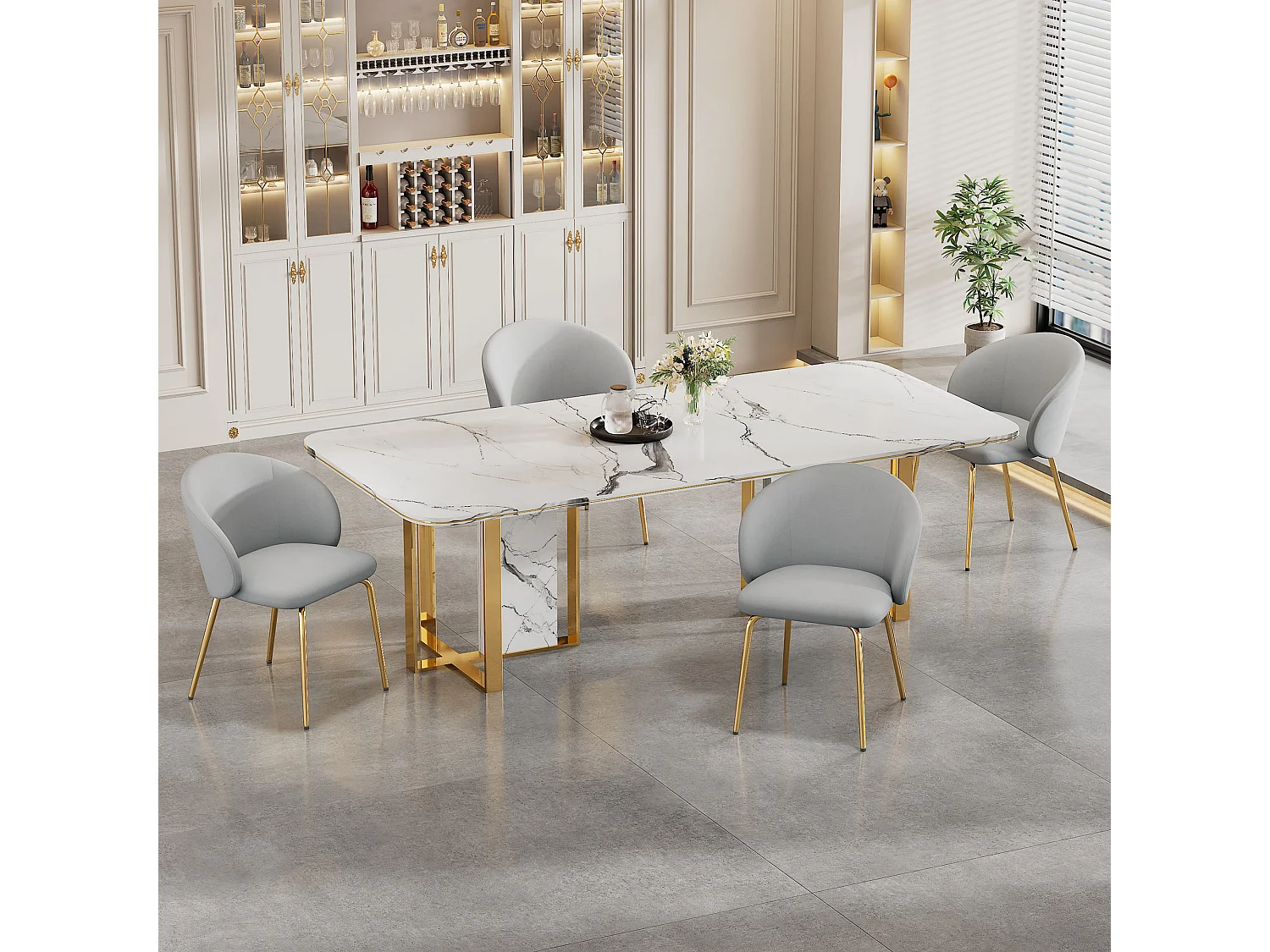 Chaise de salle à manger en velours avec accoudoirs pieds métal doré design moderne gris lot de 4