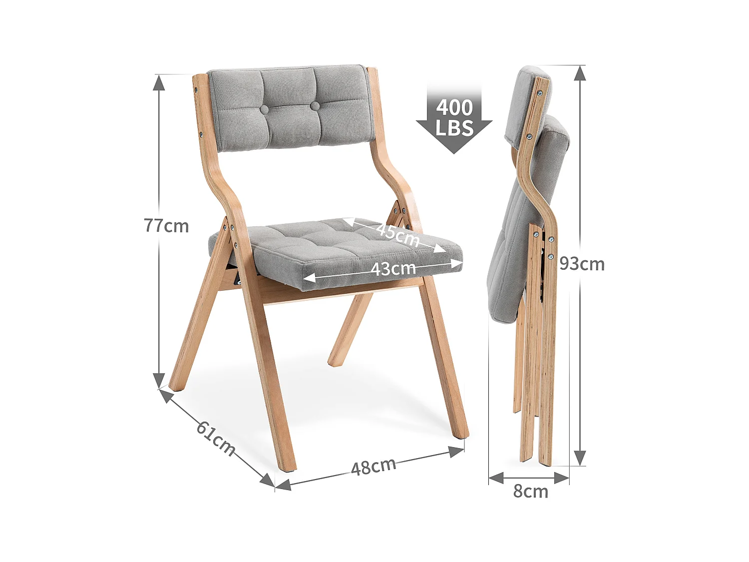 Juego de 2 sillas plegables de madera con cojín, asiento ancho, cómodas, para cocina, oficina, boda, color gris