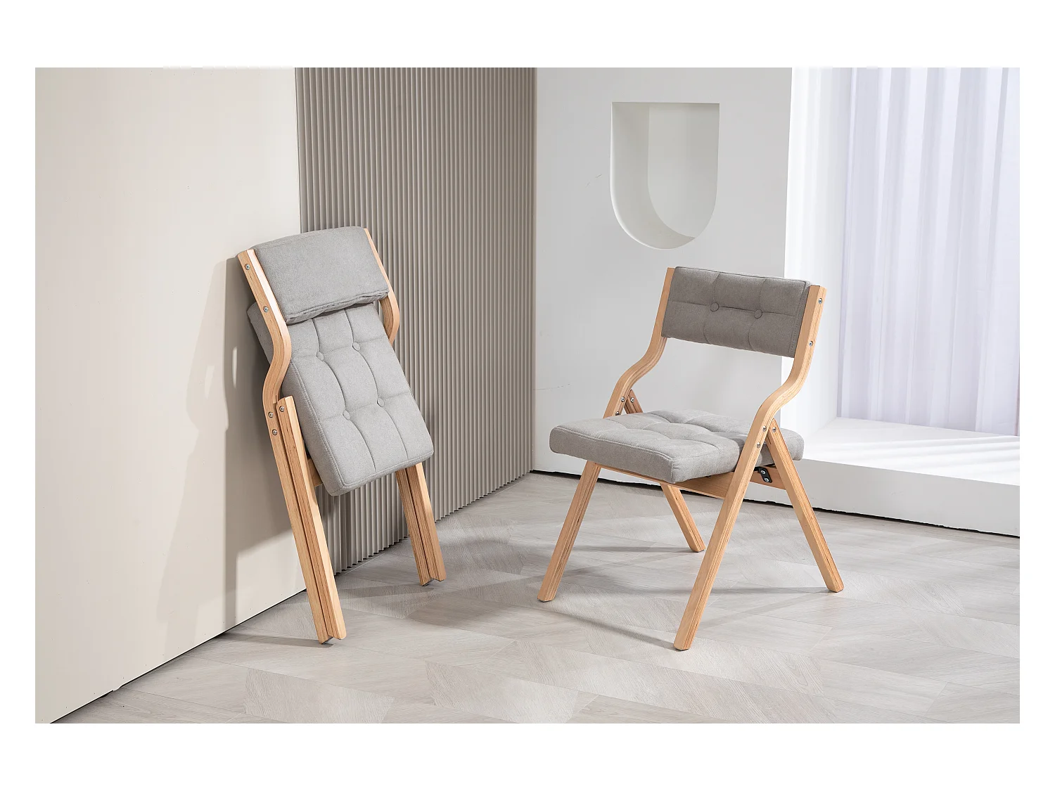 Juego de 2 sillas plegables de madera con cojín, asiento ancho, cómodas, para cocina, oficina, boda, color gris