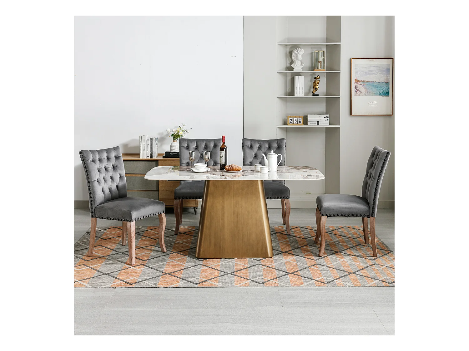 Silla de comedor de terciopelo gris con respaldo de aro decorativo y patas de madera maciza tachonadas, 49 x 63 x 95 cm, juego de 4
