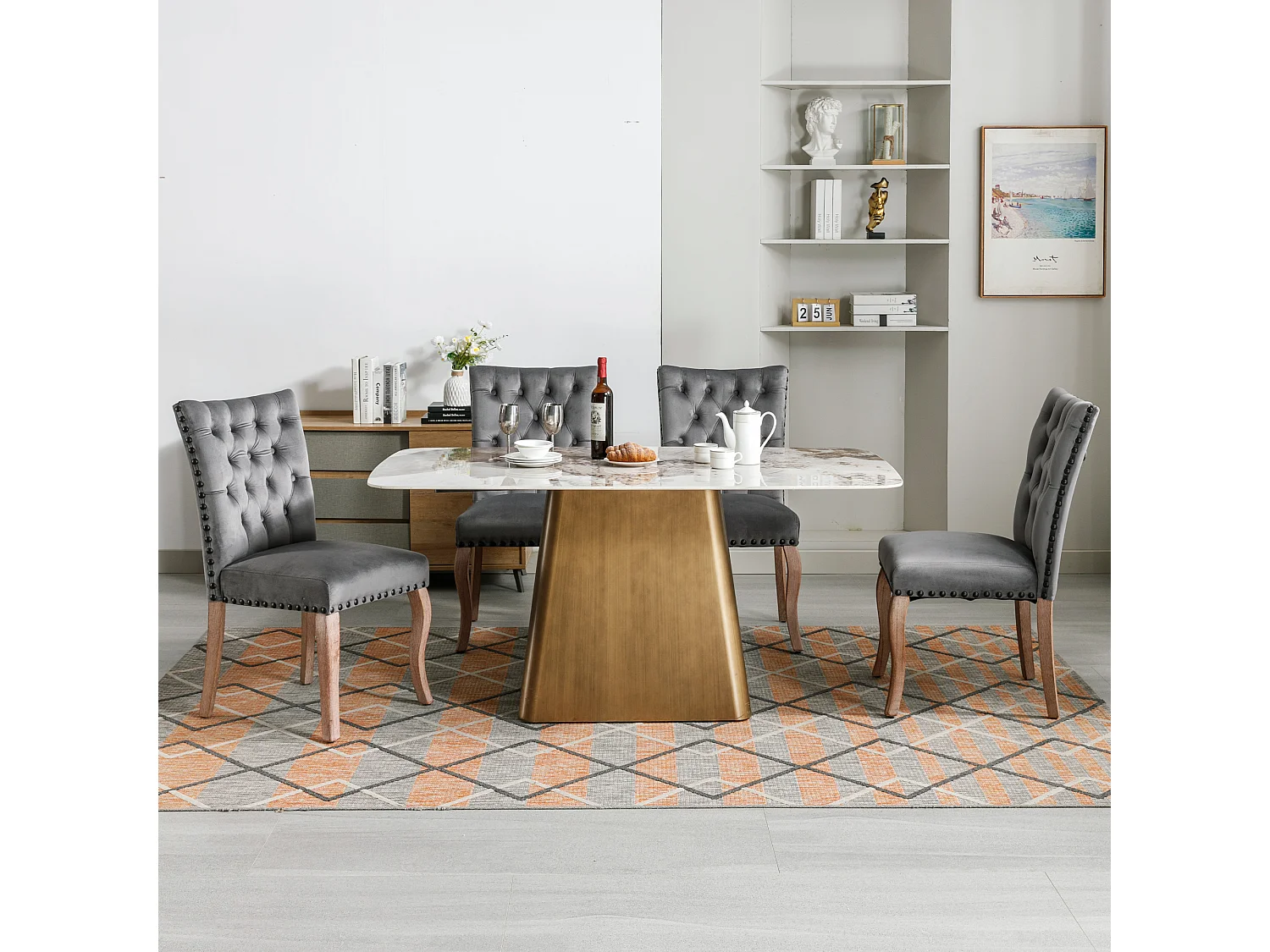 Silla de comedor de terciopelo gris con respaldo de aro decorativo y patas de madera maciza tachonadas, 49 x 63 x 95 cm, juego de 4