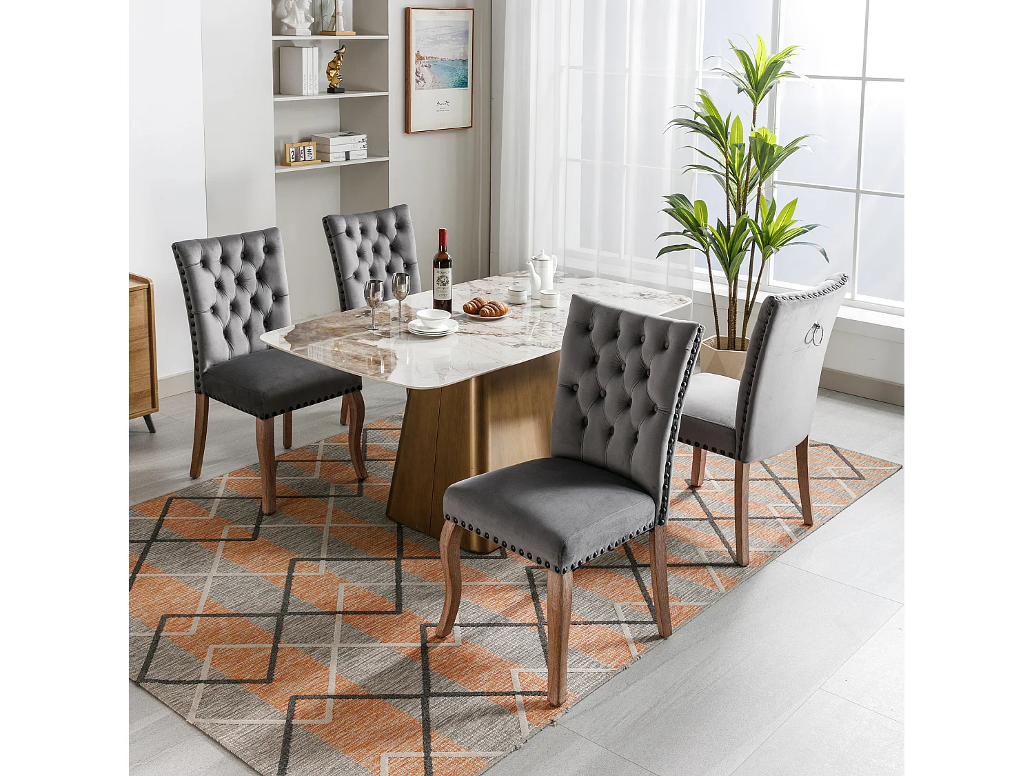 Silla de comedor de terciopelo gris con respaldo de aro decorativo y patas de madera maciza tachonadas, 49 x 63 x 95 cm, juego de 4
