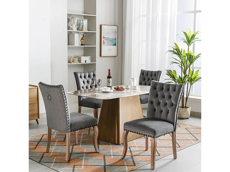 Cadeira de jantar em veludo cinza com encosto decorativo em anel e pernas de madeira maciça cravejadas, 49x63x95 cm, conjunto de 4