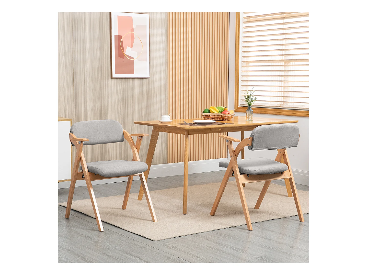 Conjunto de 2 cadeiras dobráveis de madeira maciça com braços e almofadas para sala de jantar cozinha cinza