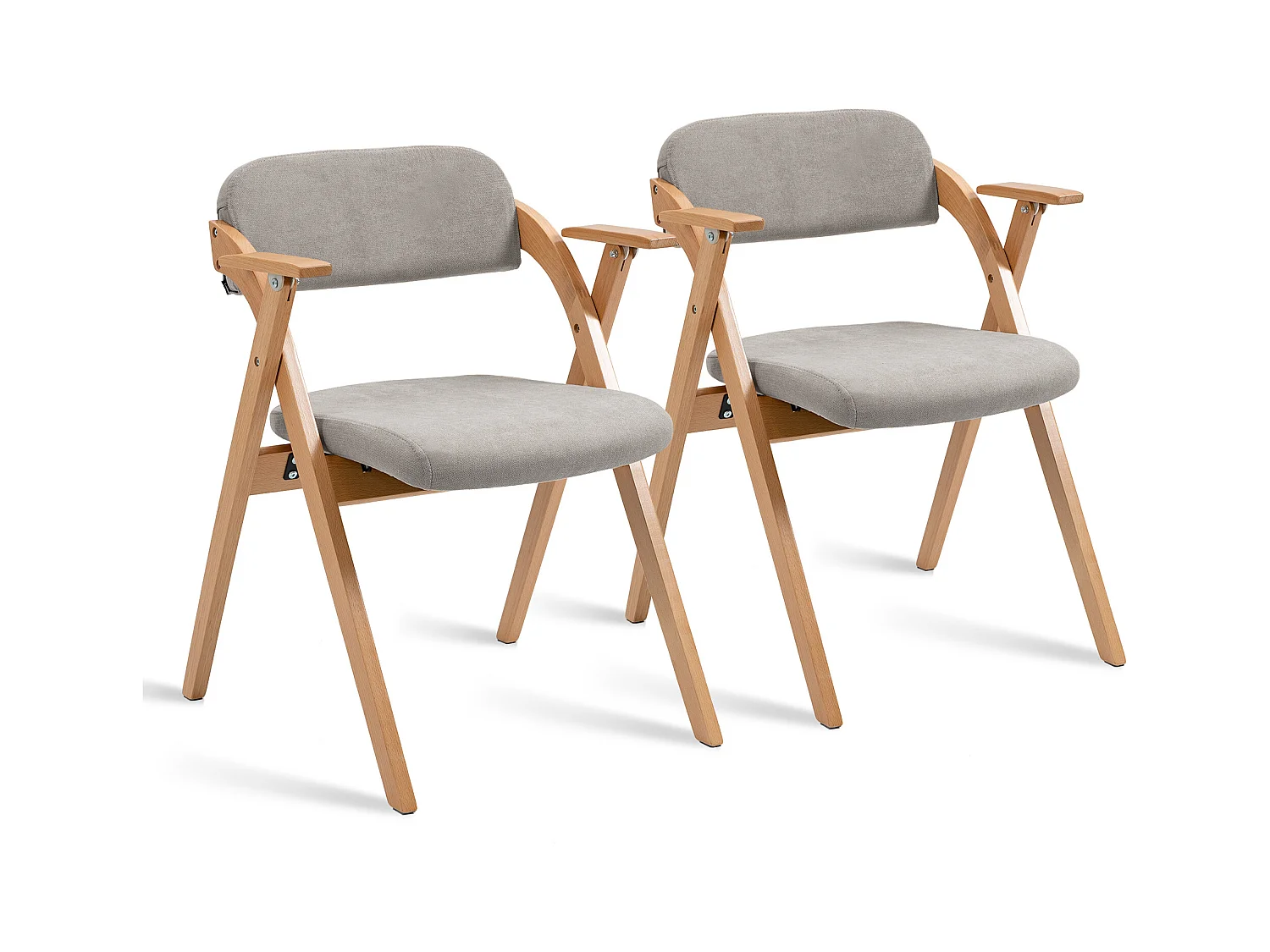 Conjunto de 2 cadeiras dobráveis de madeira maciça com braços e almofadas para sala de jantar cozinha cinza