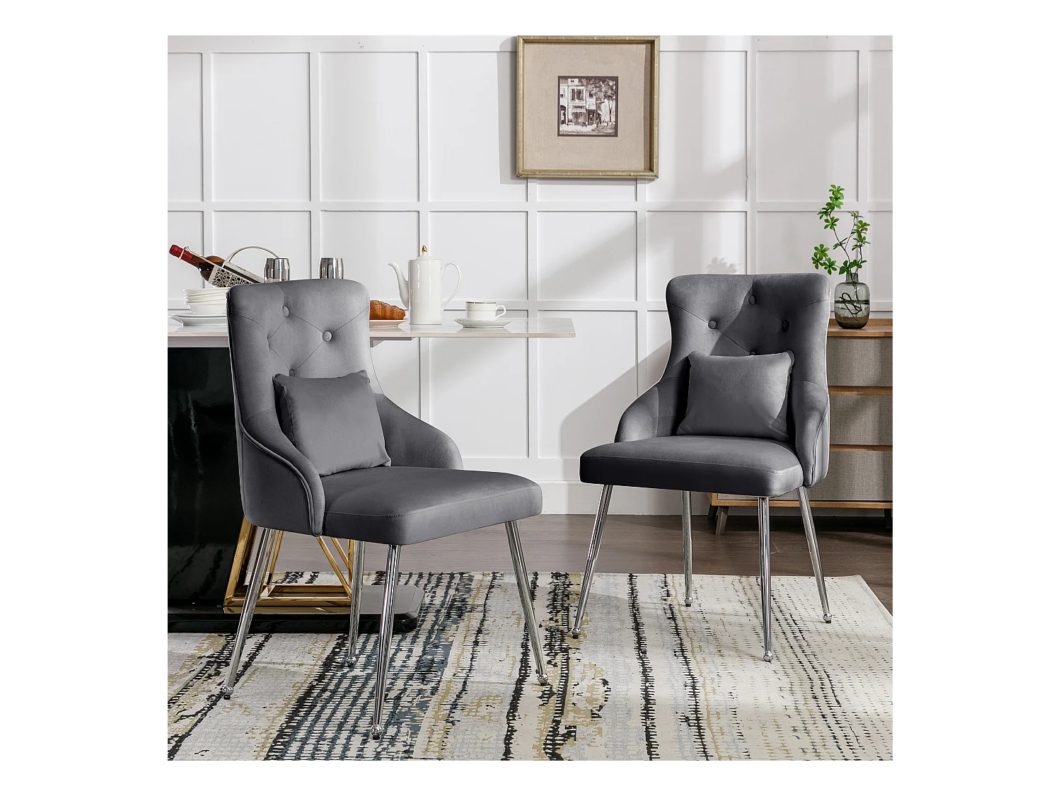 Poltrona de jantar em veludo cinza com almofada lombar, design moderno, pernas de metal resistentes, conjunto de 6