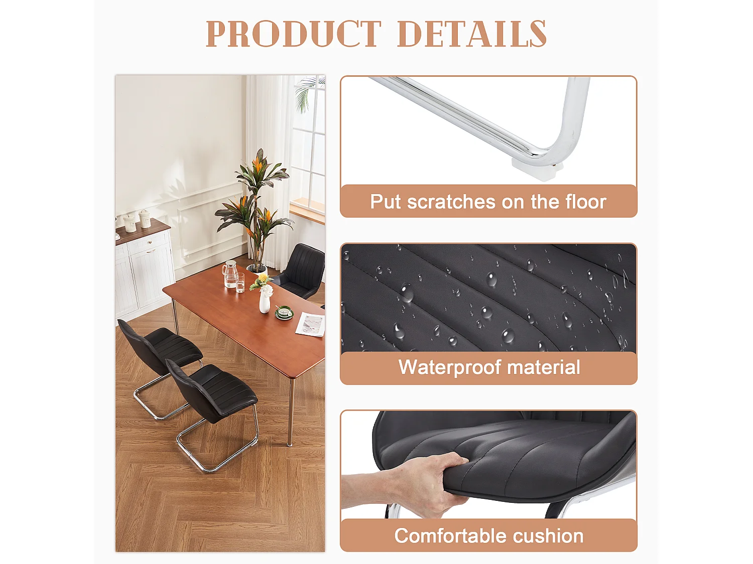 Conjunto de 2 cadeiras de jantar em couro sintético PU com assento acolchoado e pernas de metal preto 56x51x81cm