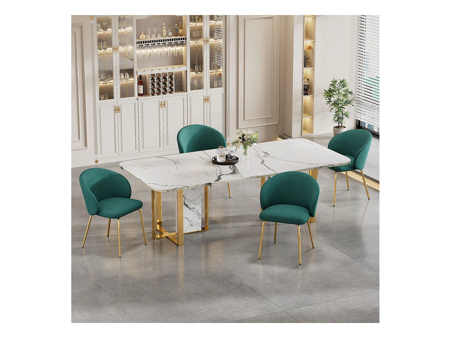 Chaise longue da pranzo in velluto con sedie in metallo dorato design moderno verde lotto di 4