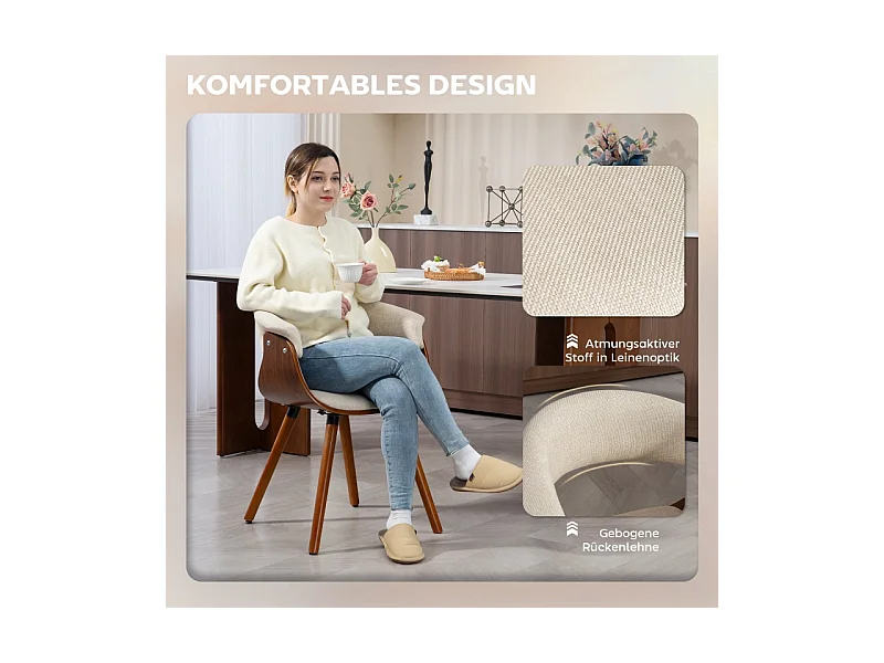 Cadeira de jantar linho poliéster pernas de madeira design confortável bege 62x55x75 cm