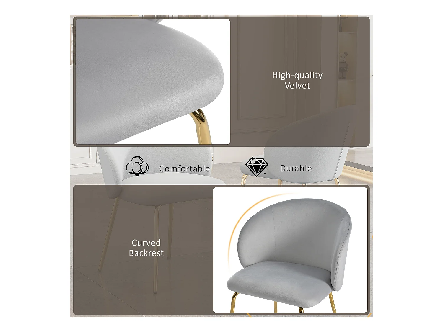Cadeira de jantar de veludo com braços, pernas de metal dourado, design moderno, cinza, conjunto de 2
