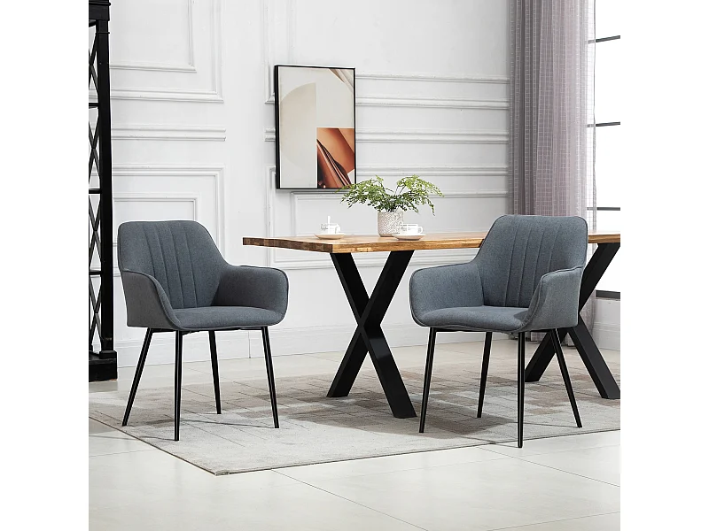 Conjunto de 2 sillas de comedor estilo escandinavo en tejido de lino con reposabrazos y patas de metal gris oscuro 59,5x56,5x81 cm