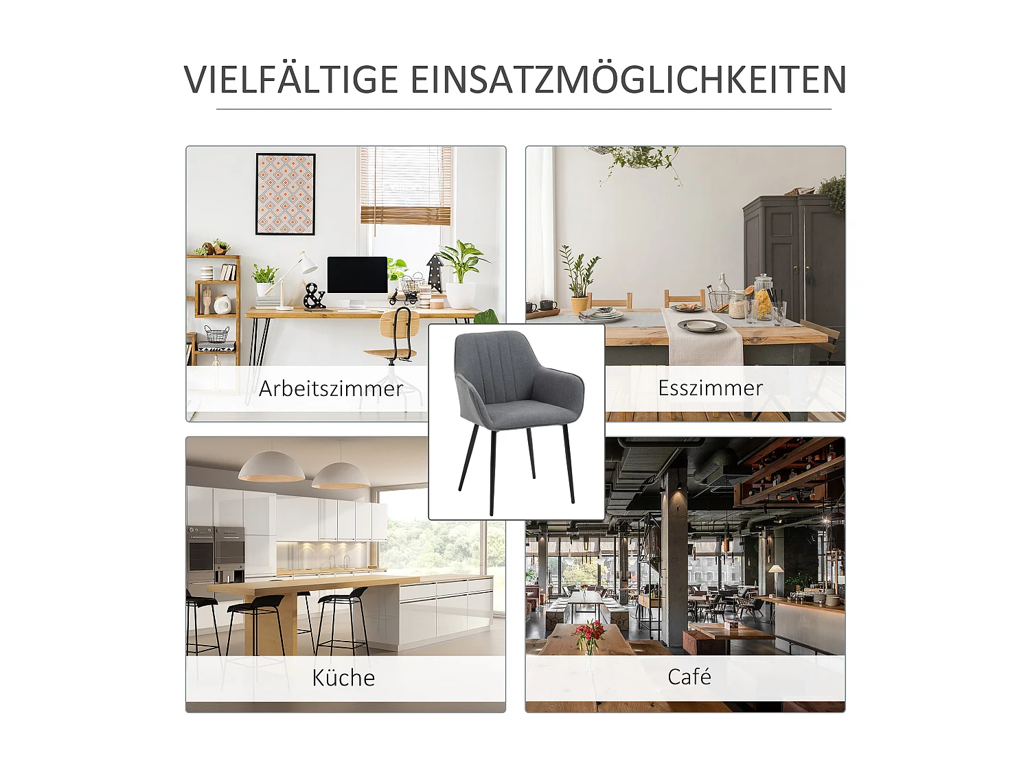 Conjunto de 2 cadeiras de jantar estilo escandinavo em tecido de linho com braços e pernas de metal cinza escuro 59,5x56,5x81 cm