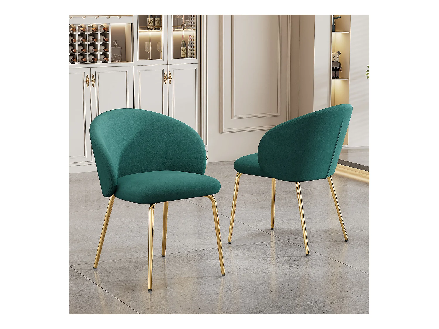 Silla de comedor de terciopelo con reposabrazos y patas de metal dorado, diseño moderno, verde, juego de 2