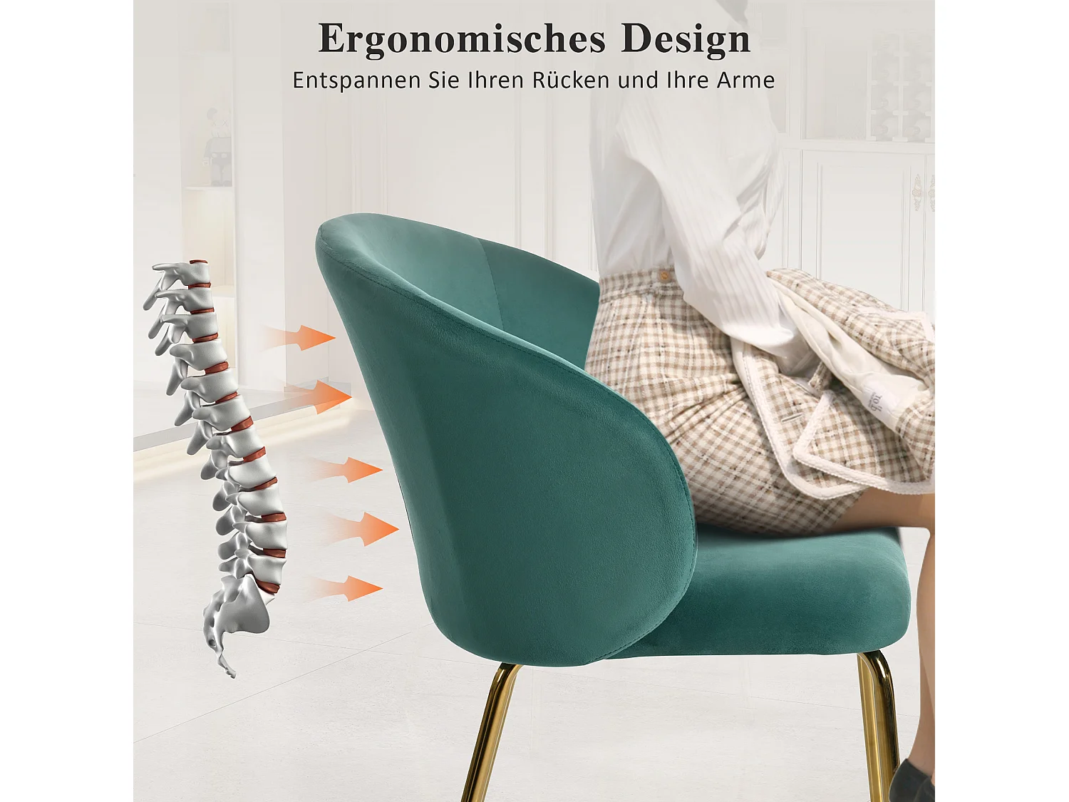 Silla de comedor de terciopelo con reposabrazos y patas de metal dorado, diseño moderno, verde, juego de 2