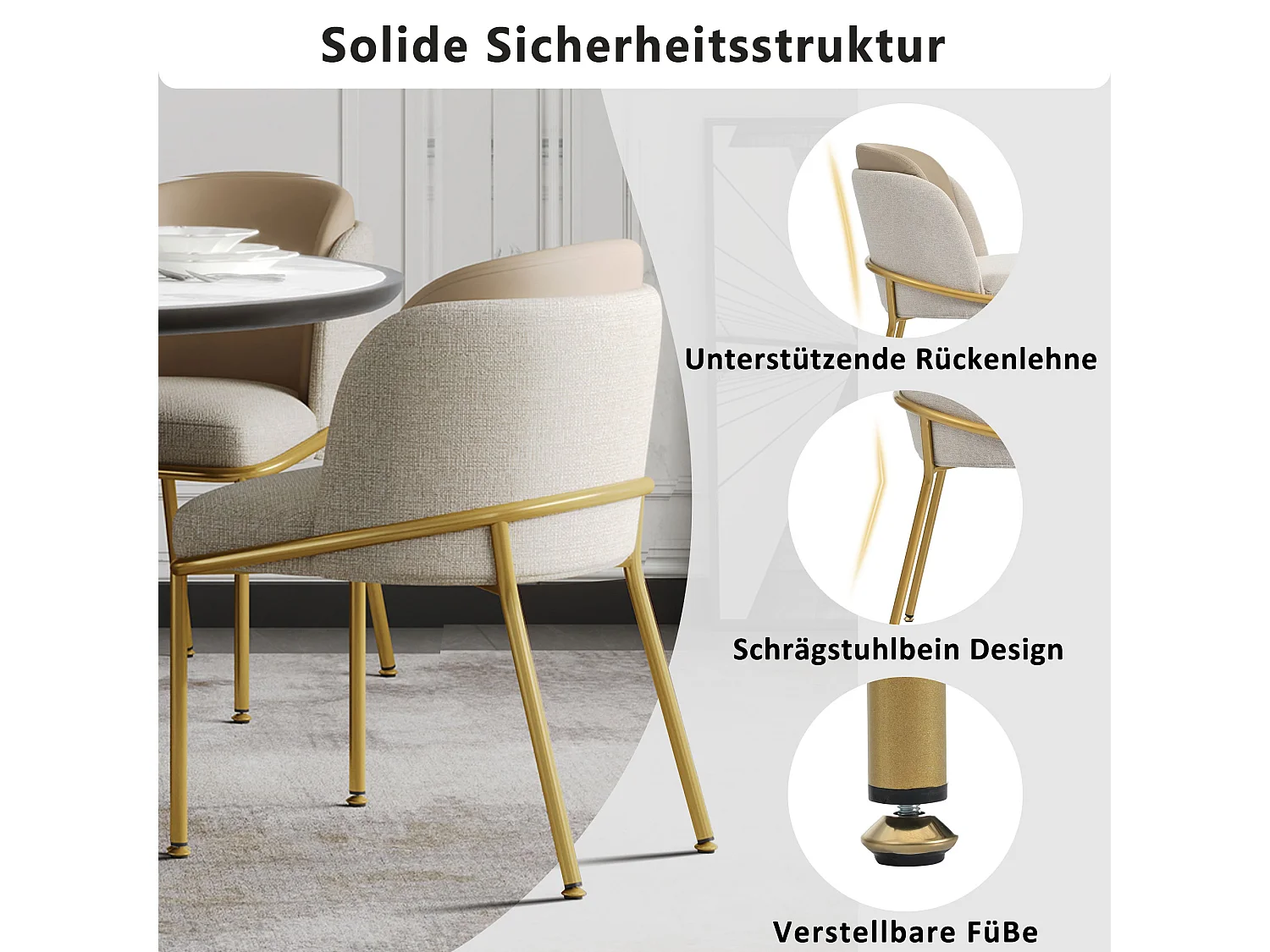 Silla ergonómica de tela de lino con patas inclinadas ajustables, cómoda para sala de estar u oficina, color beige caqui, juego de 2