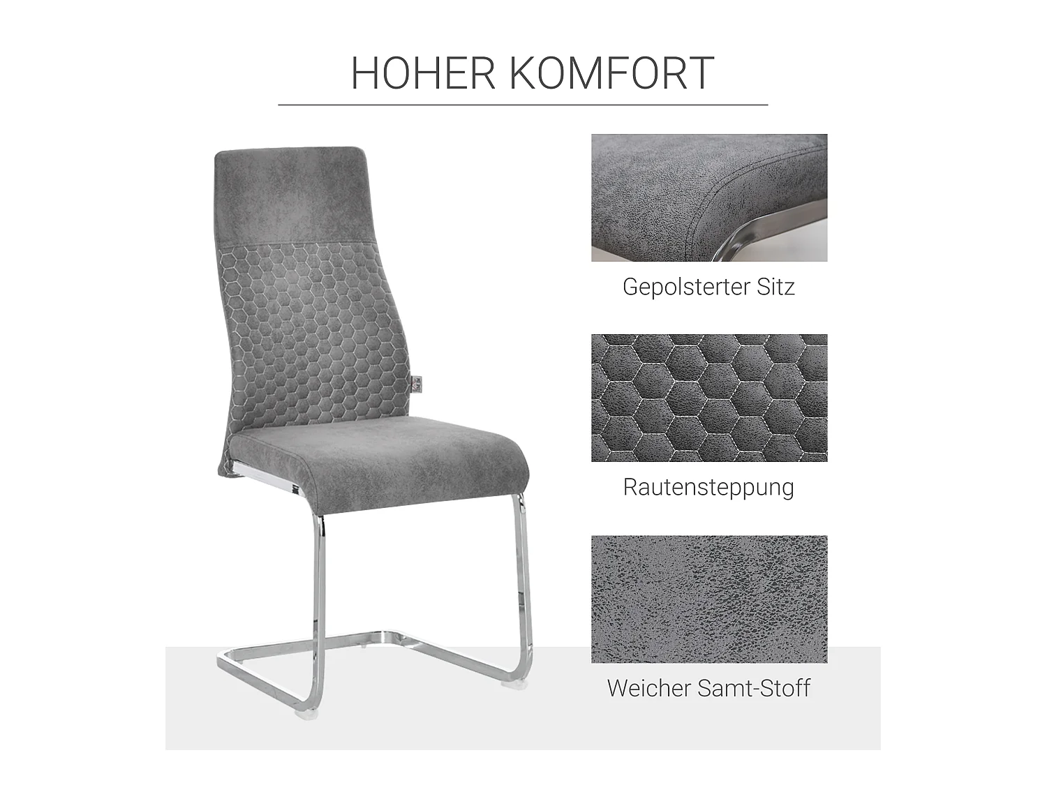 Silla de comedor 4 piezas tapizada terciopelo gris patas acero 45x61x98 cm diseño moderno