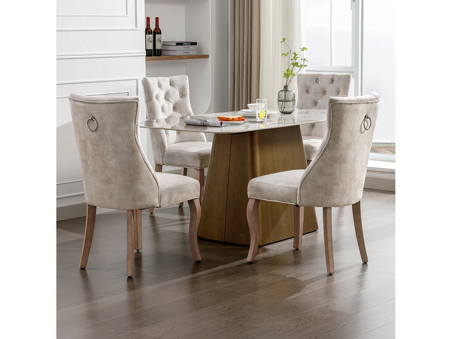 Chaise salle à manger velluto beige dossier haut capitonné pieds bois massif 97x51x47 cm lotto di 4