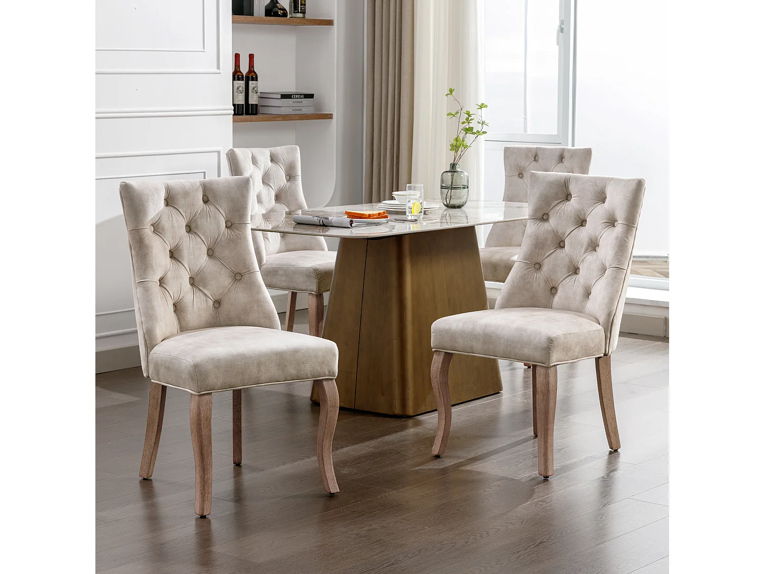 Chaise salle à manger velours beige dossier haut capitonné pieds bois massif 97x51x47 cm lot de 4