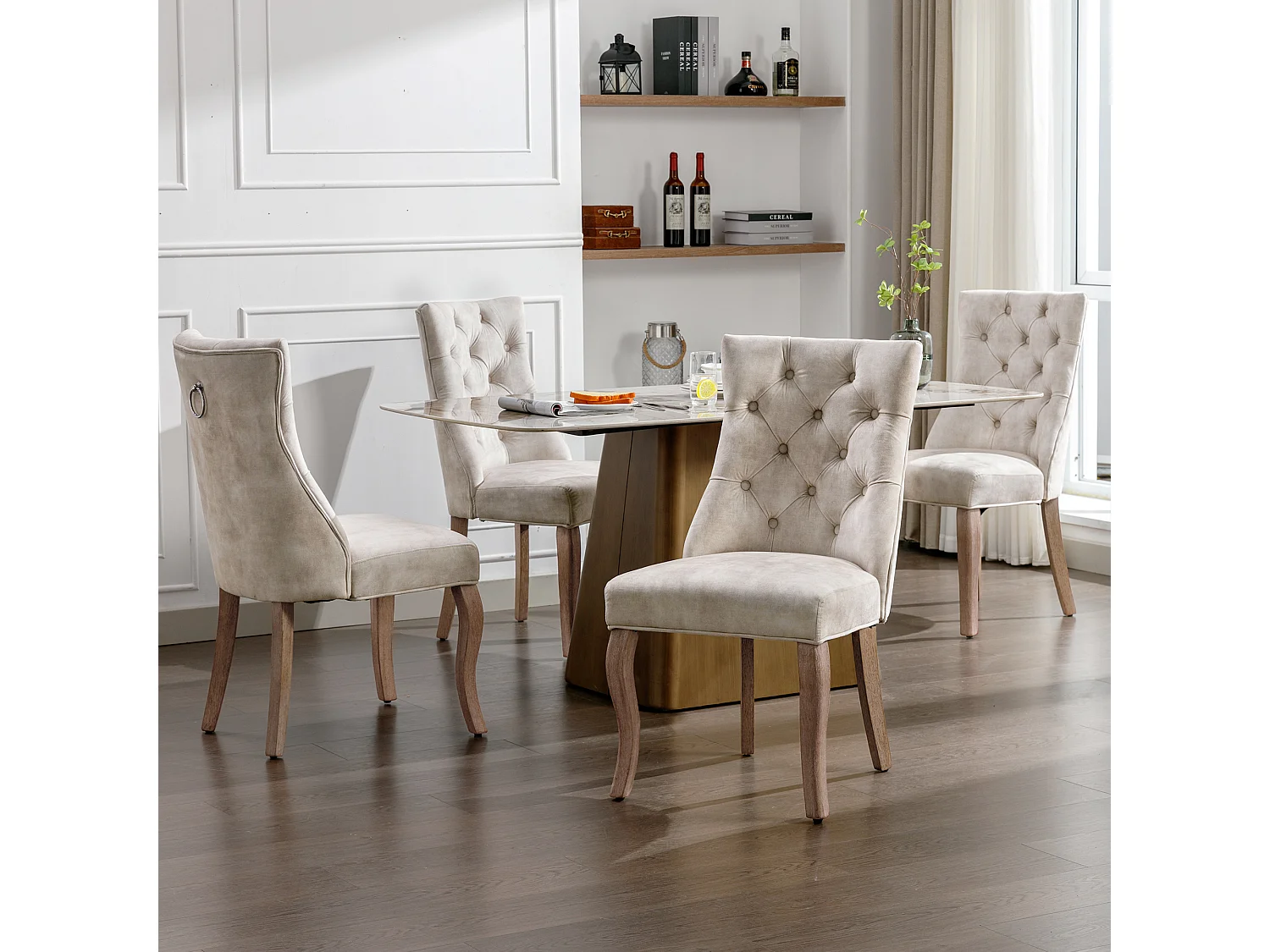 Chaise salle à manger velours beige dossier haut capitonné pieds bois massif 97x51x47 cm lot de 4