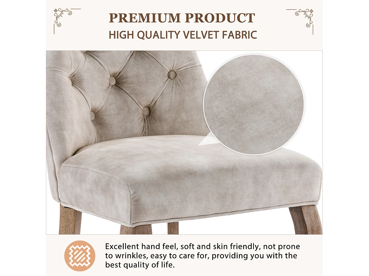 Chaise salle à manger velours beige dossier haut capitonné pieds bois massif 97x51x47 cm lot de 4