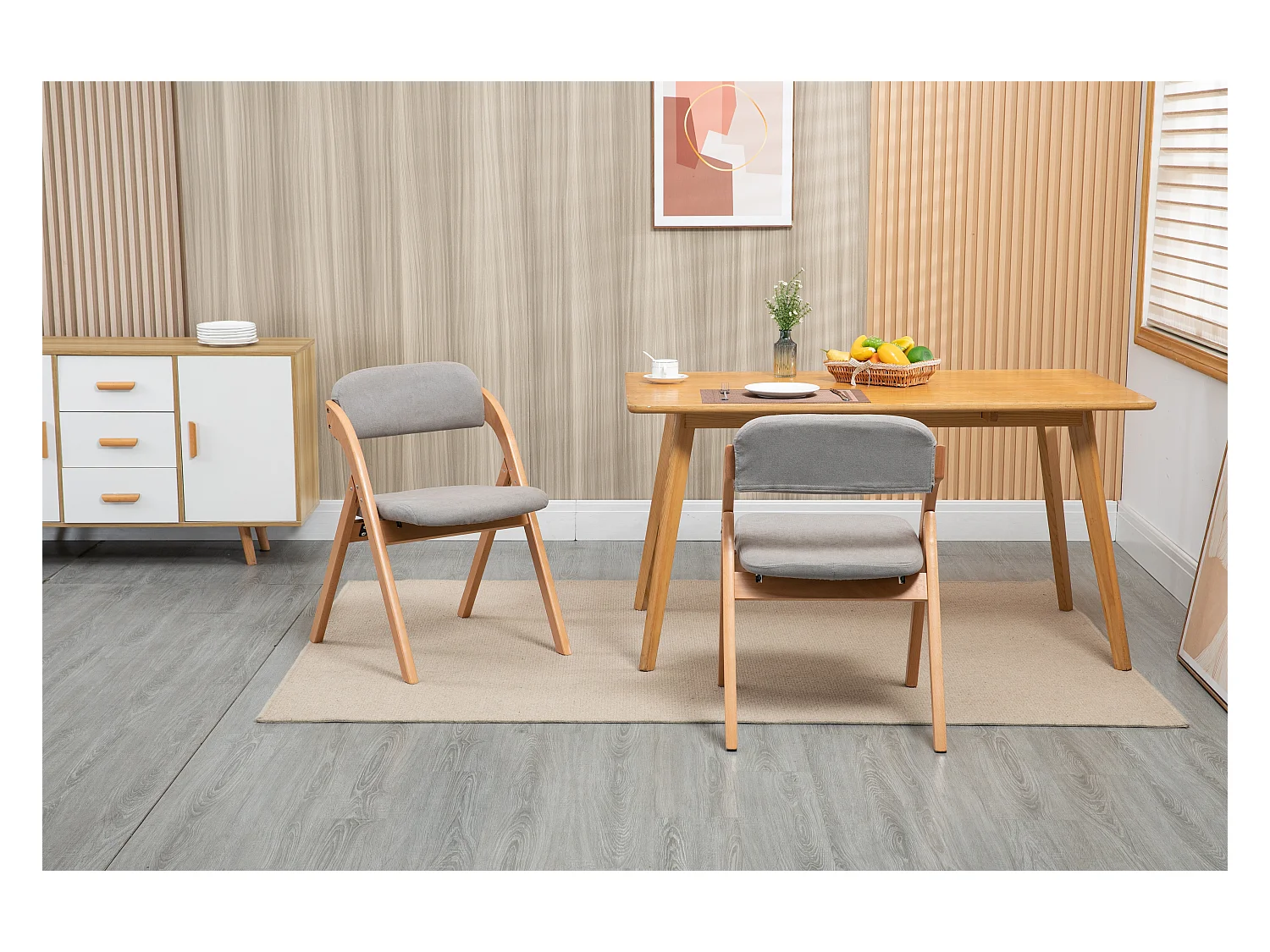 Conjunto de 2 cadeiras dobráveis de madeira maciça com assento acolchoado e capa removível, dobrável para cozinha cinza