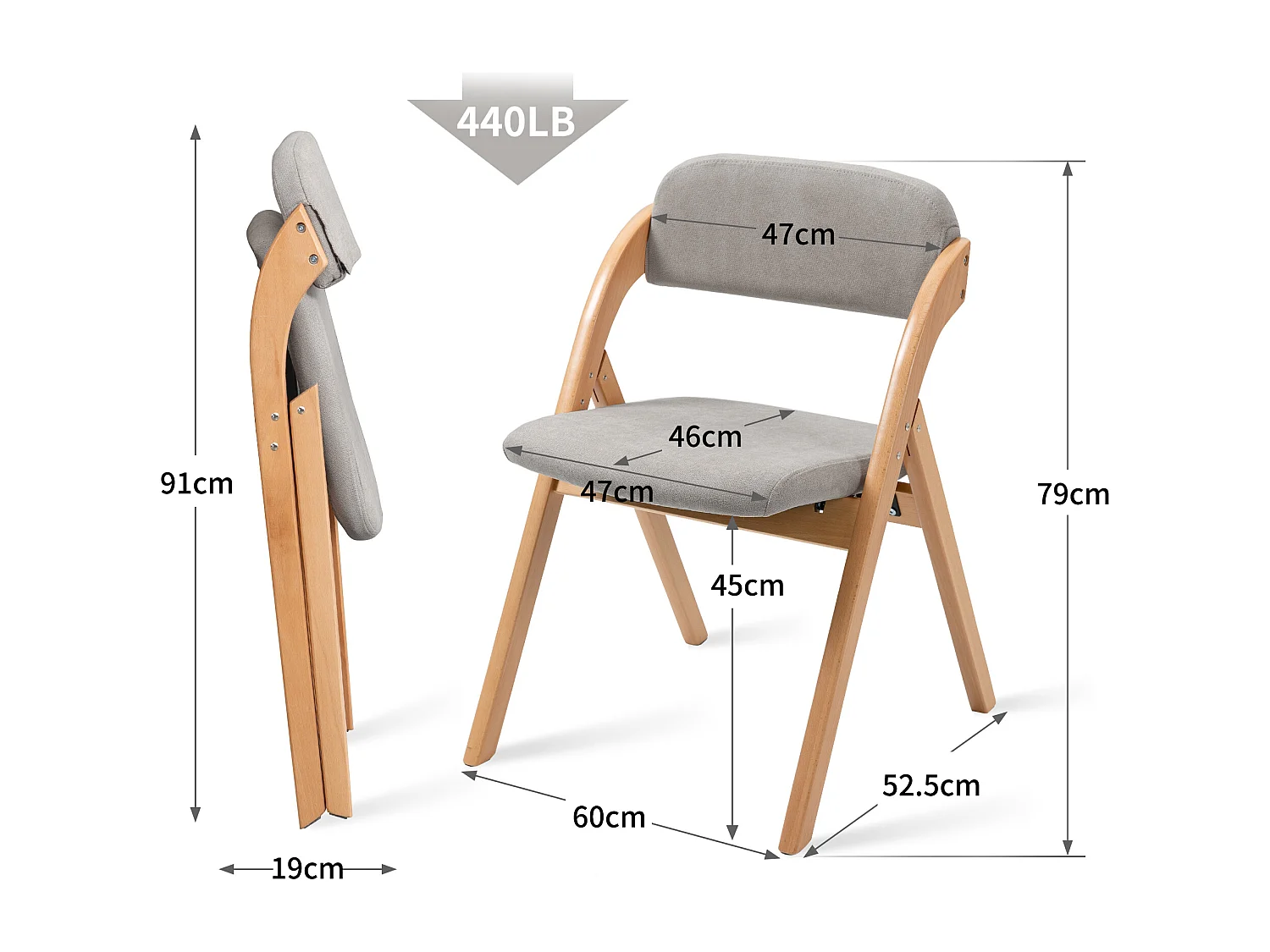 Chaises pliantes bois massif lot de 2 assise rembourrée housse amovible pliable cuisine gris