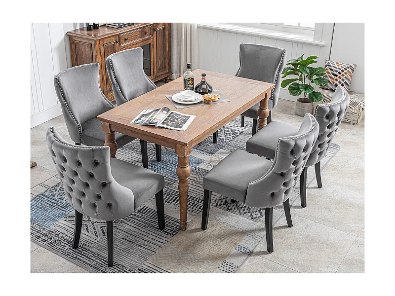 Cadeira de jantar em veludo cinza com pernas confortáveis de madeira maciça e design acolchoado, conjunto de 6