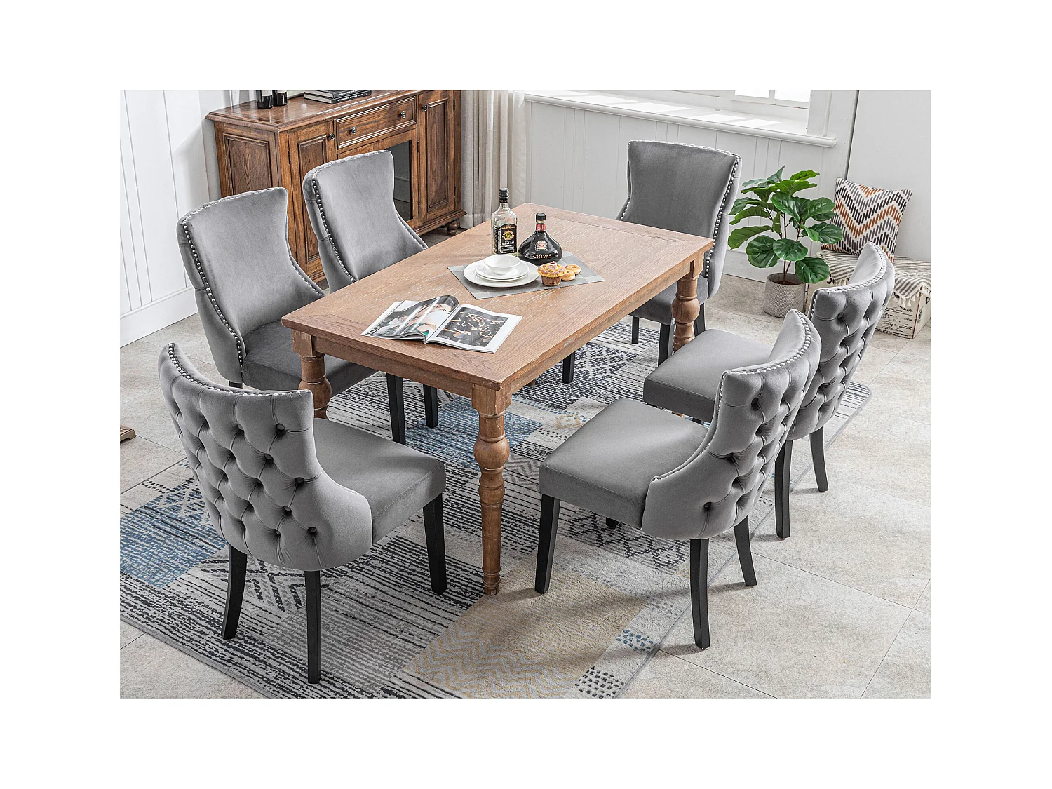 Chaise salle à manger velluto grigio pieds bois massiccio design confortevole capitonnè lotto di 6