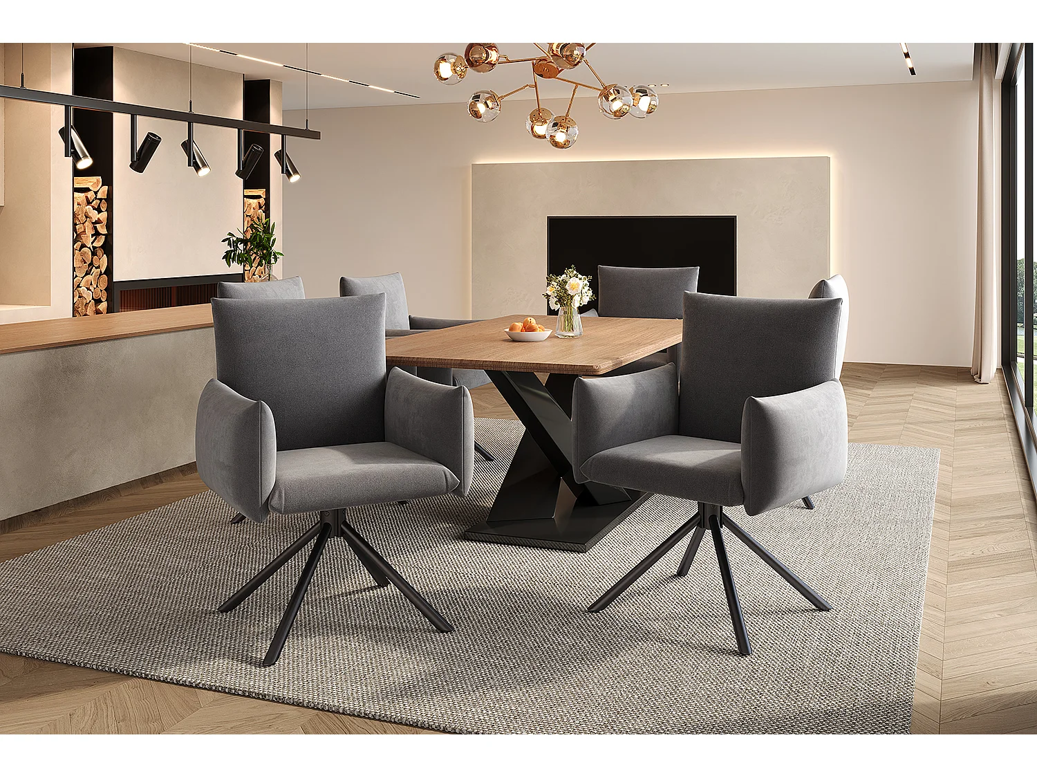 Chaise salle à manger velluto grigio fauteuil pivotant 360° con accoudoirs metallo ergonomico lotto di 6