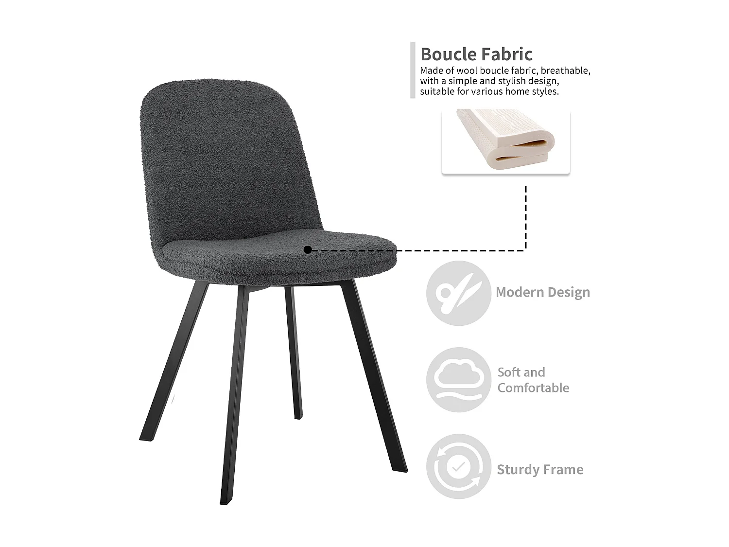 Silla de comedor Teddy-Fleece con acolchado suave y estructura metálica estable, color gris oscuro