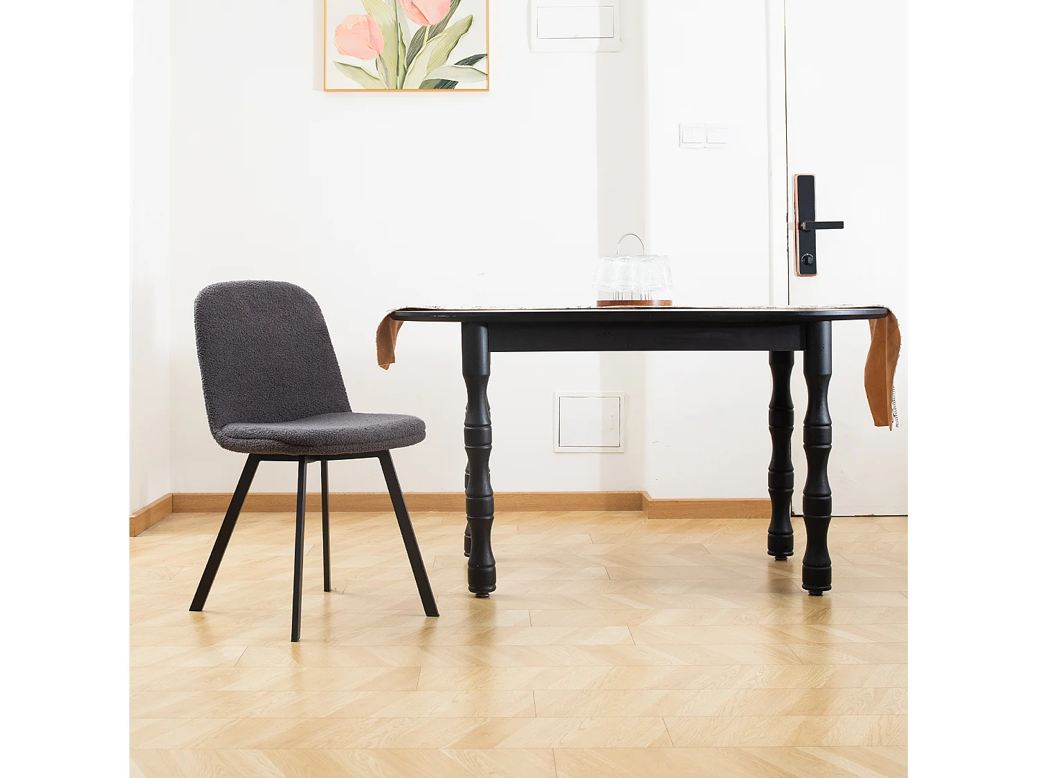 Cadeira de jantar Teddy-Fleece, macia, acolchoada, estável, estrutura de metal, cinza escuro