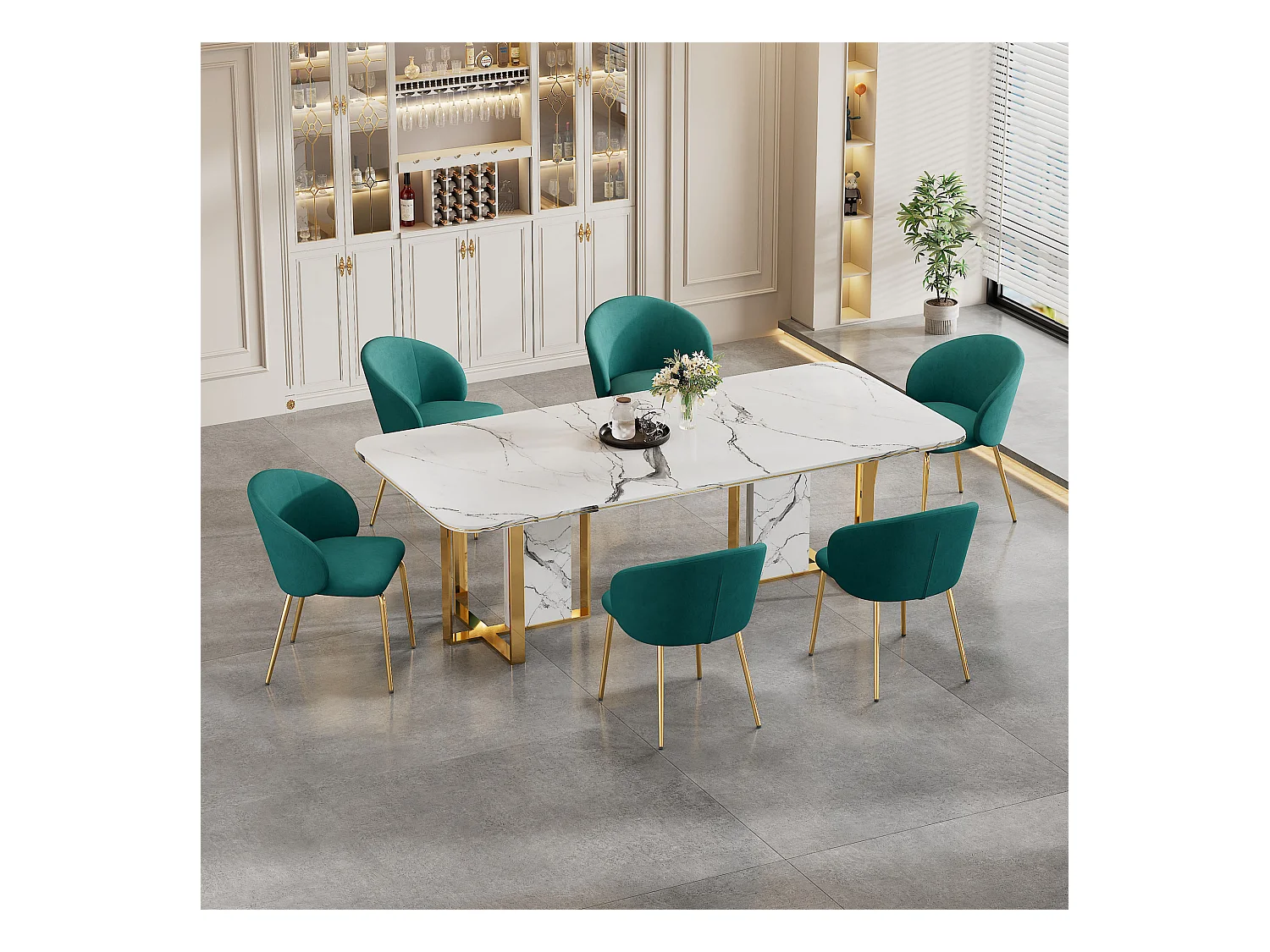 Silla de comedor de terciopelo con reposabrazos y patas de metal dorado, diseño moderno, verde, juego de 6