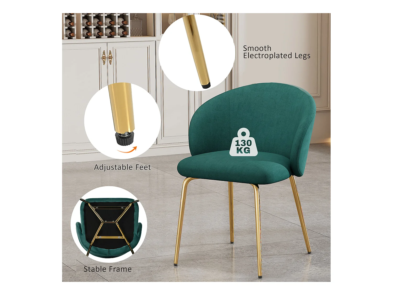 Silla de comedor de terciopelo con reposabrazos y patas de metal dorado, diseño moderno, verde, juego de 6