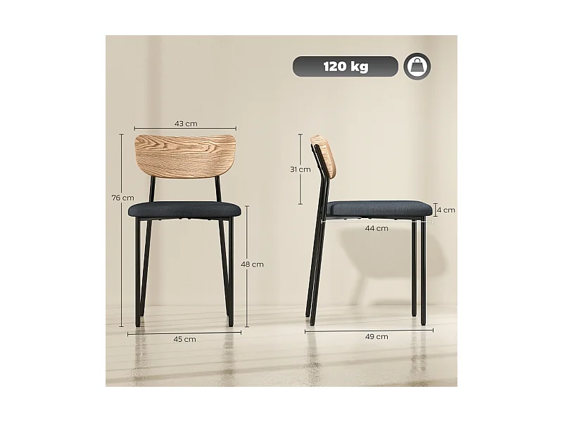 Conjunto de 2 cadeiras de cozinha em tecido de linho com encosto de aço acolchoado sem braços, sala de estar cinza, 45x49x76 cm