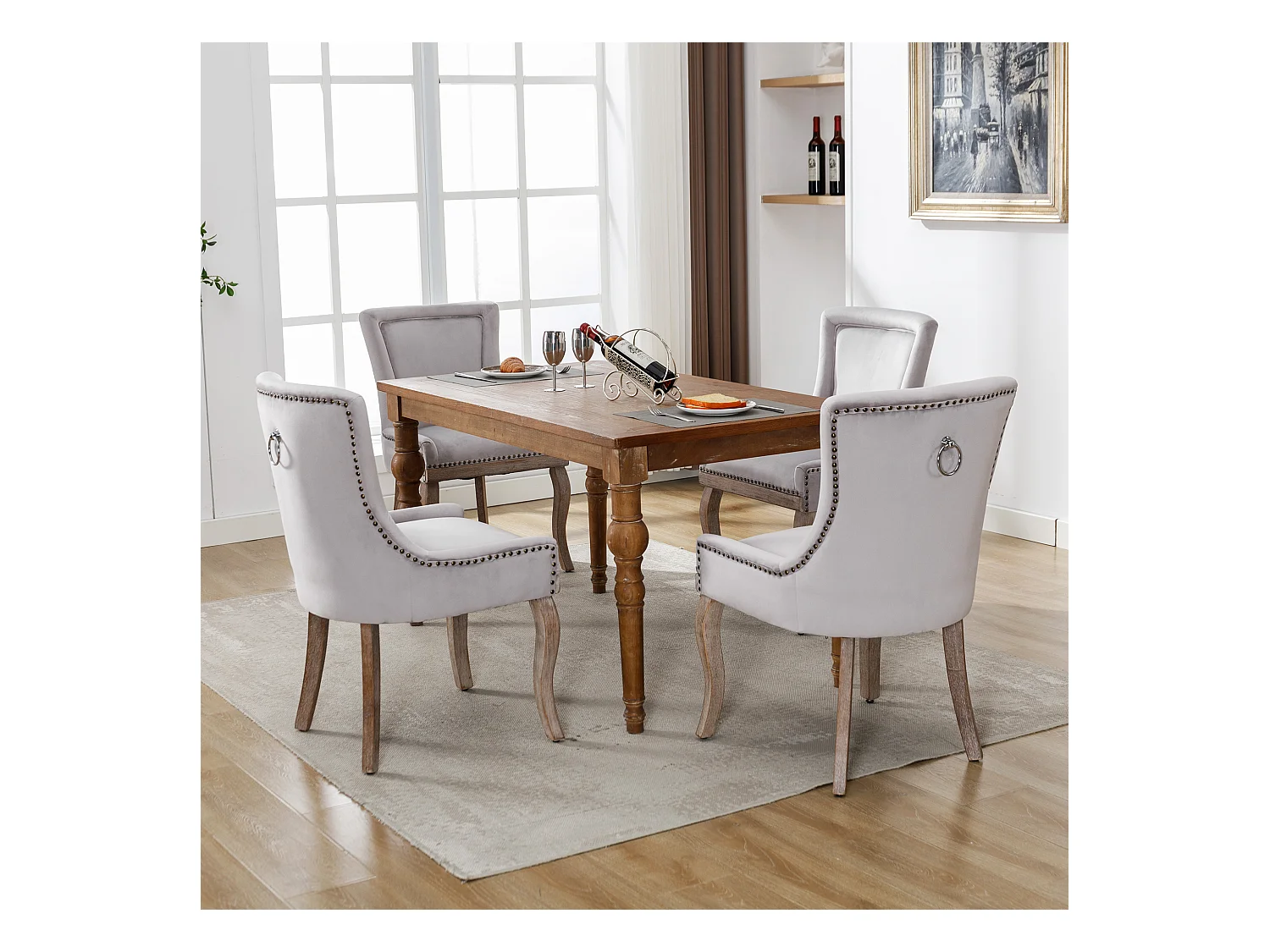 Silla de comedor de terciopelo con patas de madera maciza, diseño elegante y cómodo en gris para cocina y sala de estar, juego de 4