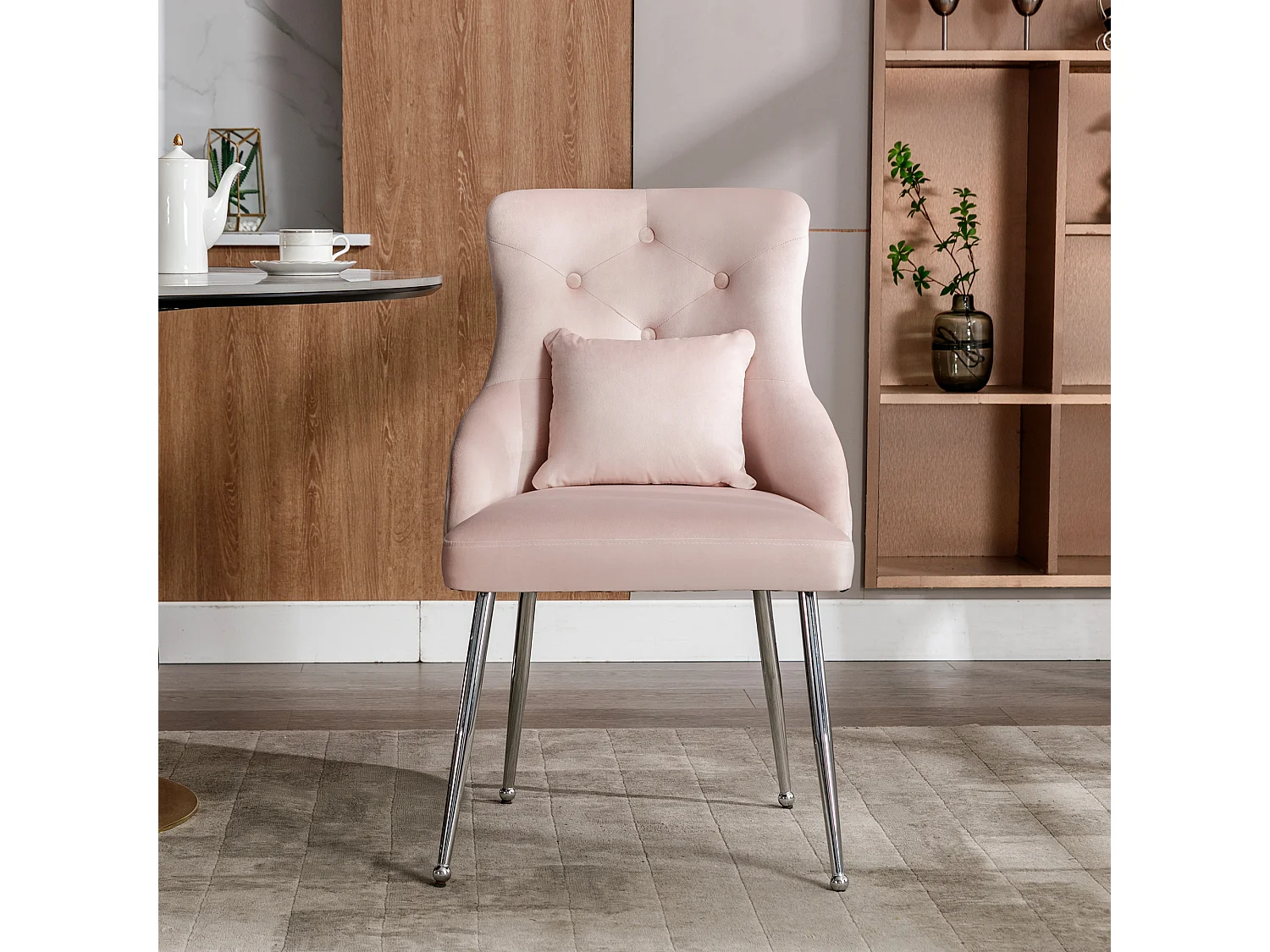 Salotto da mangiatoia in velluto rosa, cuscino lombare, confortevole, moderno, in metallo, lotto di 4