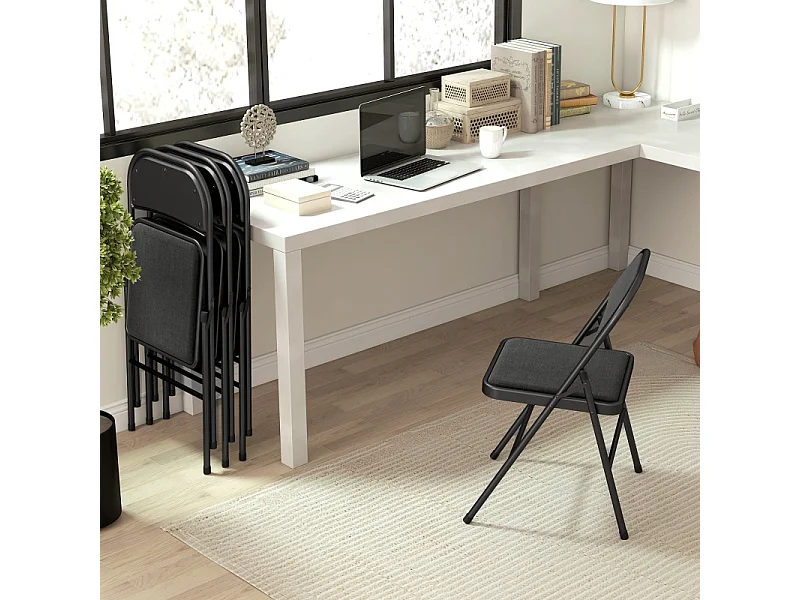 Lot 4 chaises pliantes tissu lin chaise bureau pliable portable pieds métal noir