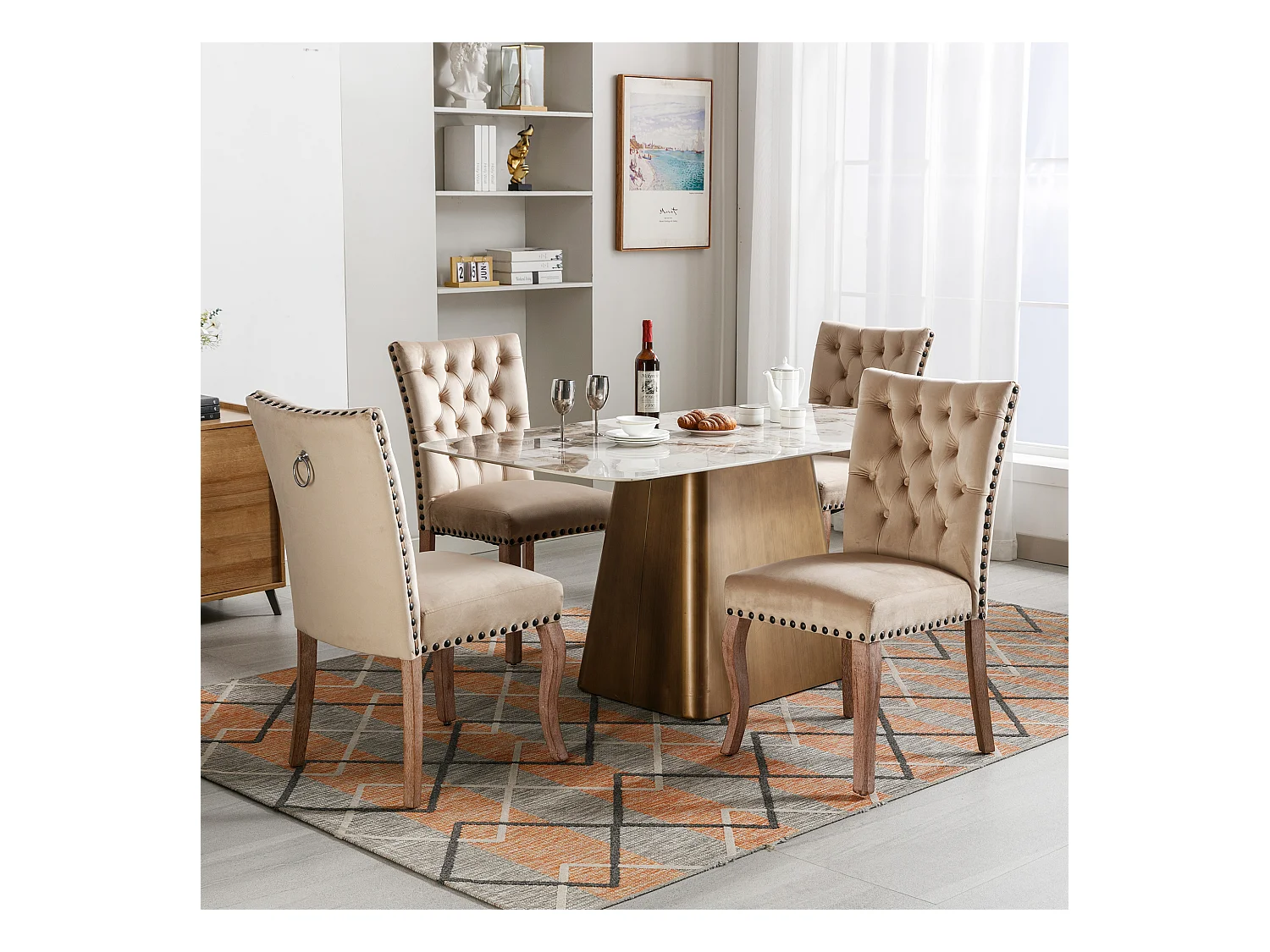 Silla de comedor de terciopelo camel con respaldo y aro decorativo tachonado, patas de madera maciza, 49x63x95 cm, juego de 4