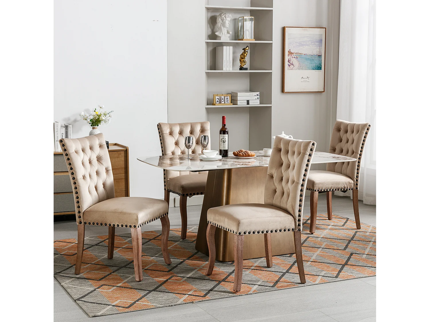 Silla de comedor de terciopelo camel con respaldo y aro decorativo tachonado, patas de madera maciza, 49x63x95 cm, juego de 4