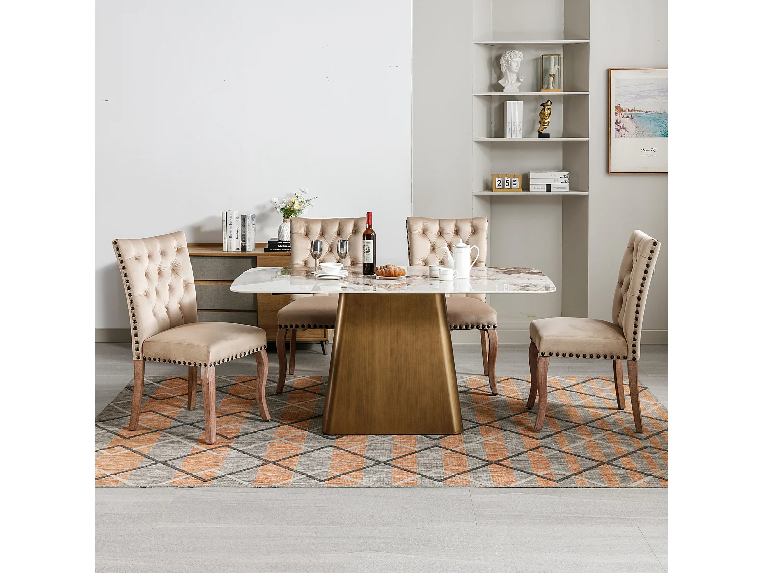 Chaise salle à manger velours camel dossier avec anneau décoratif cloutée pieds bois massif 49x63x95 cm lot de 4