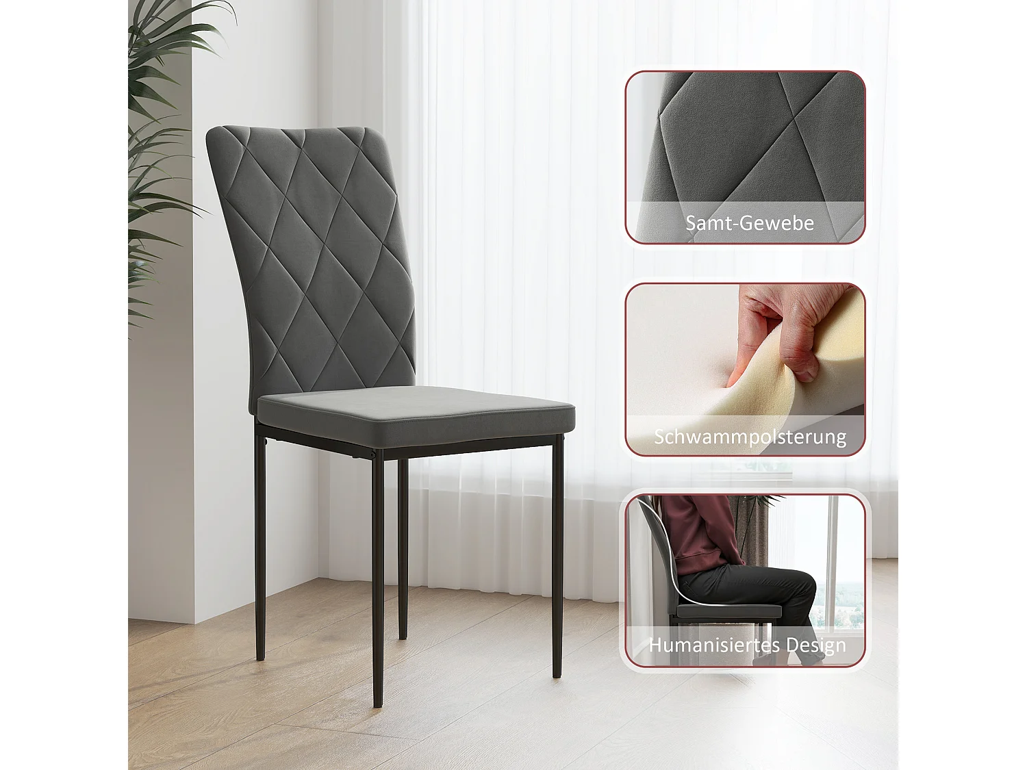 Lot 4 chaises salle à manger velours gris foncé dossier haut pieds métal cuisine salon 58x42x95 cm