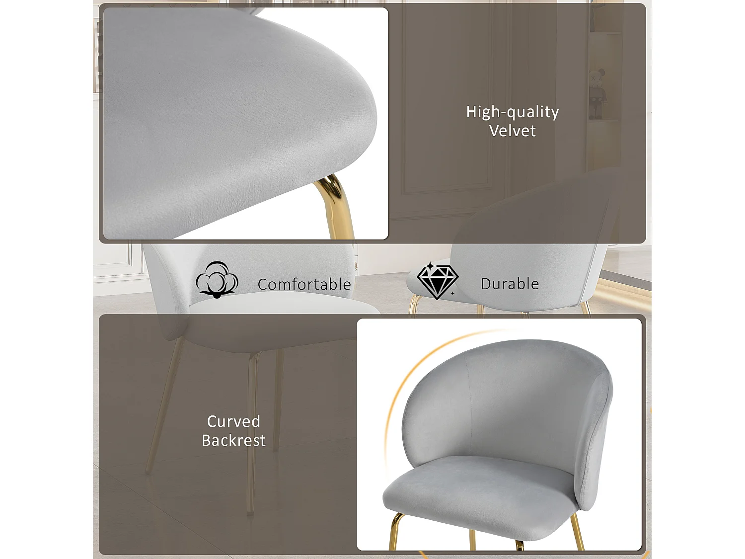 Chaise de salle à manger en velours avec accoudoirs pieds métal doré design moderne gris lot de 6