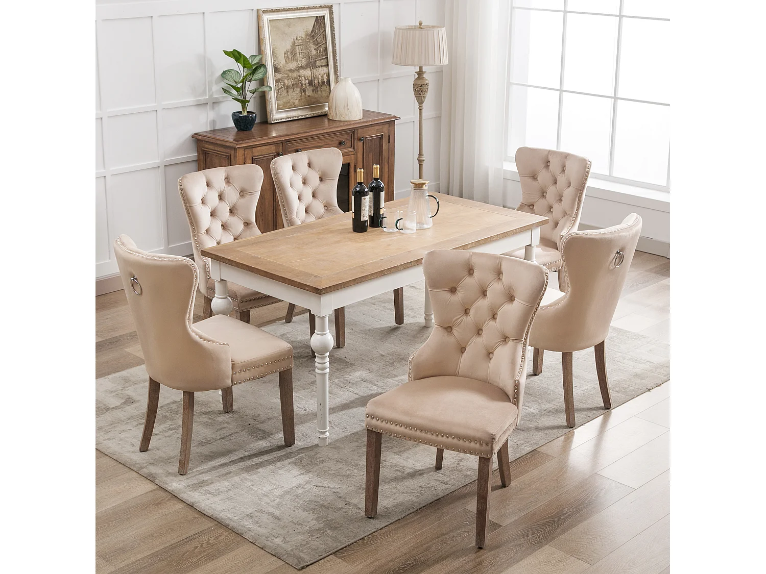 Cadeira de jantar de veludo com pernas de madeira maciça, ajustável, design retrô bege, para cozinha e sala de estar, conjunto com 6