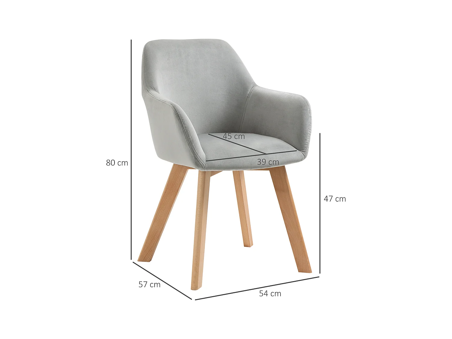 Cadeiras de jantar 2 peças tecido veludo com braços pernas madeira cinza 54x57x80 cm