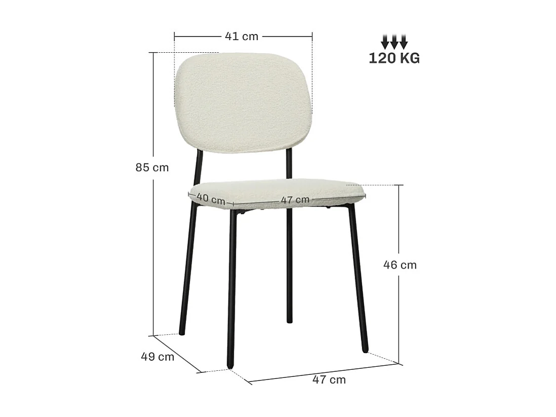 Lot 4 chaises salle à manger tissu bouclé dossier bas pieds acier blanc moderne 49x47x85 cm