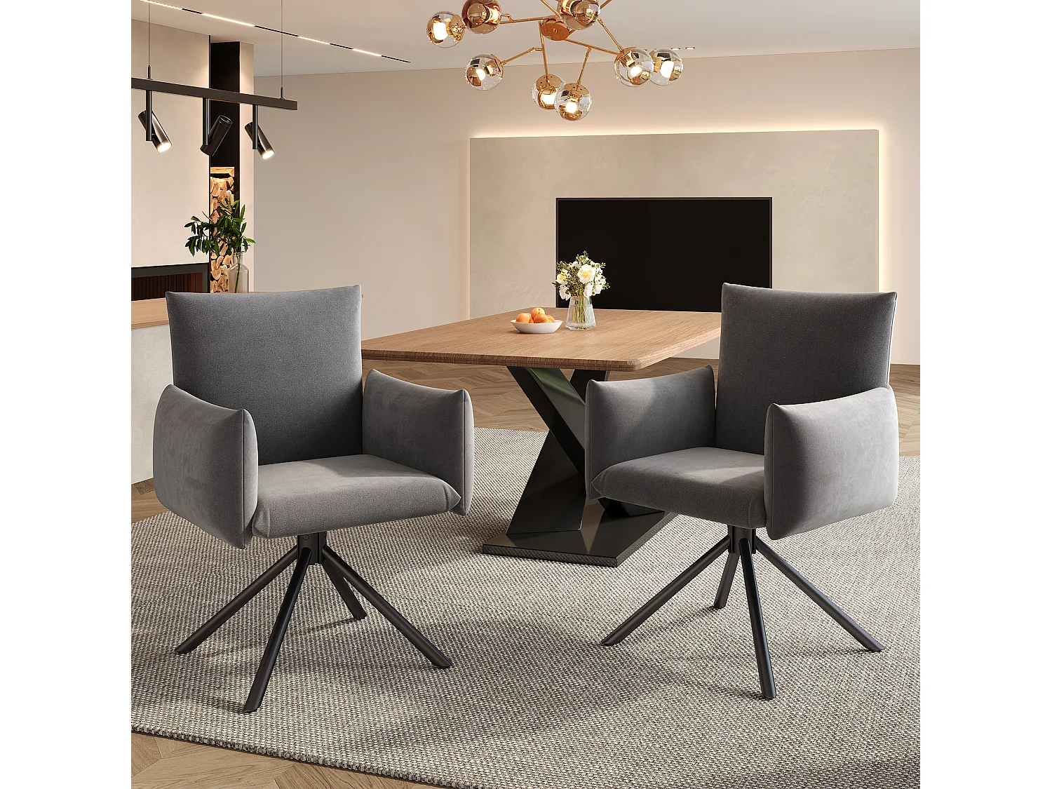 Chaise salle à manger velluto grigio fauteuil pivotant 360° con accoudoirs metallo ergonomico lotto di 2