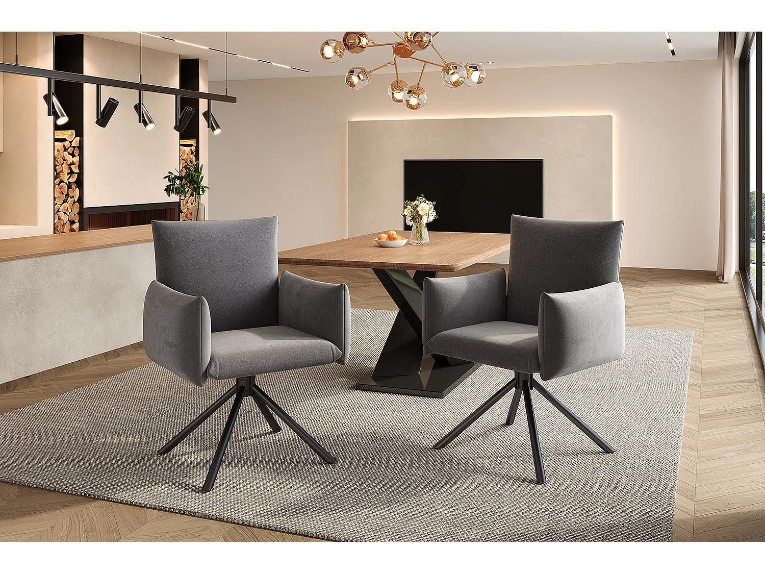 Chaise salle à manger velluto grigio fauteuil pivotant 360° con accoudoirs metallo ergonomico lotto di 2