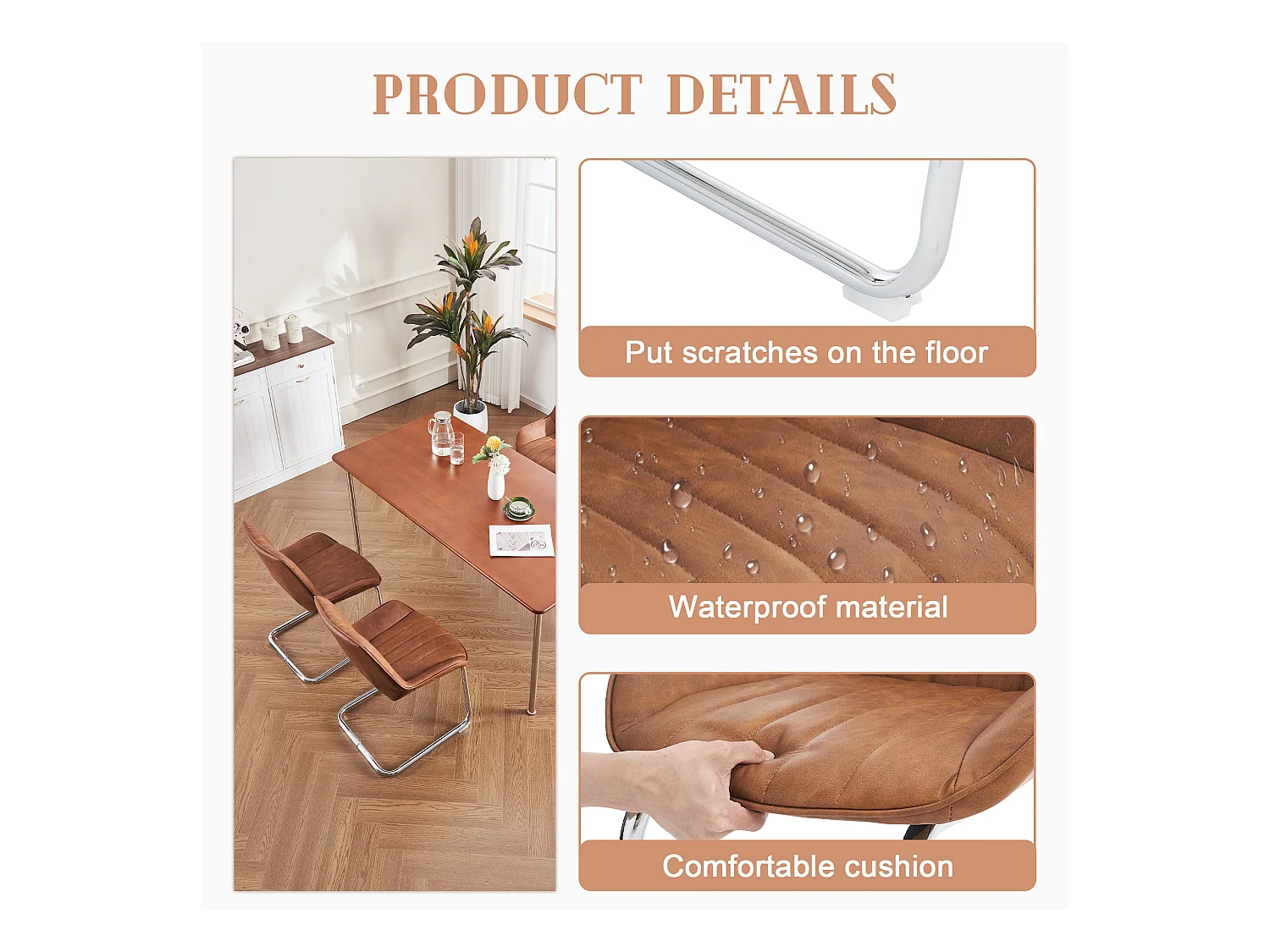 Conjunto de 2 cadeiras de jantar em couro sintético PU com assento acolchoado e pernas de metal marrom 56x51x81cm